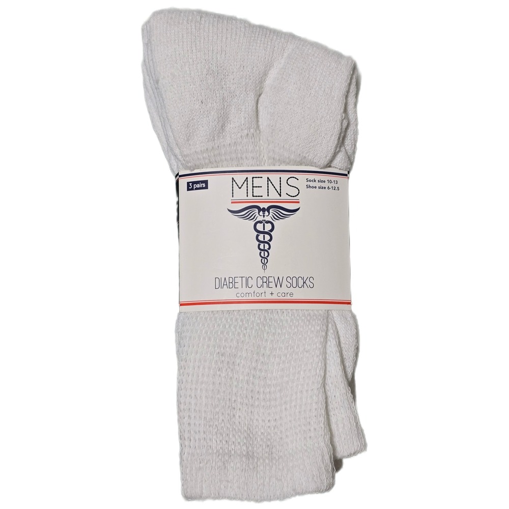 Mens Diabetic Crew Socks Comfort Care White 3 Pairs Sock 10-13 Shoe 6-12.5 (AB)
